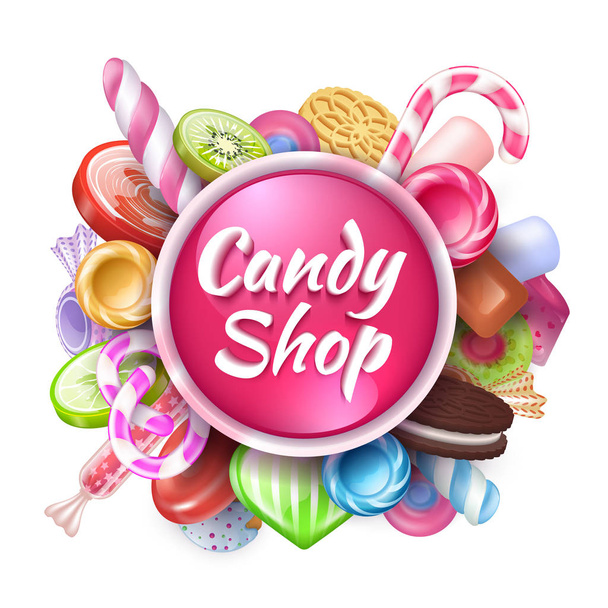Candies background. Realistic sweets and desserts frame with text, colorful toffees lollipops and caramel bonbon. Vector sweets set - Vector, Image