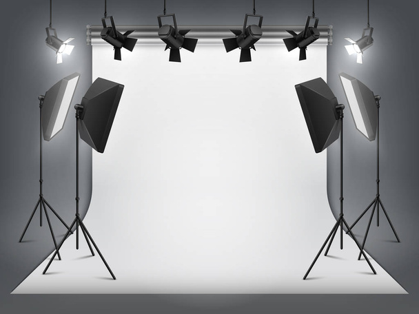Photography studio. Photo backdrop and spotlight, realistic floodlight with tripod and studio equipment. Vector studio background - Vector, Image