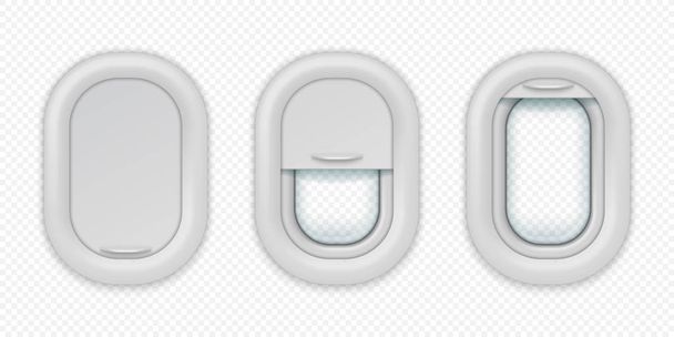 Airplane windows. Realistic aircraft porthole in different positions, open closed and half closed. Vector isolated design template - Vector, Image