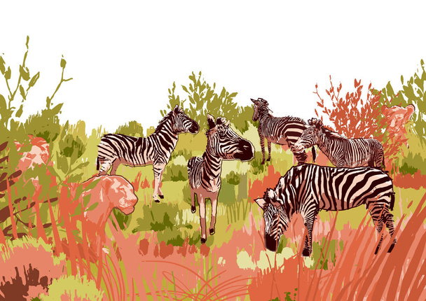 草原の風景に囲まれたシマウマのライオン狩りシーン - ベクター画像
