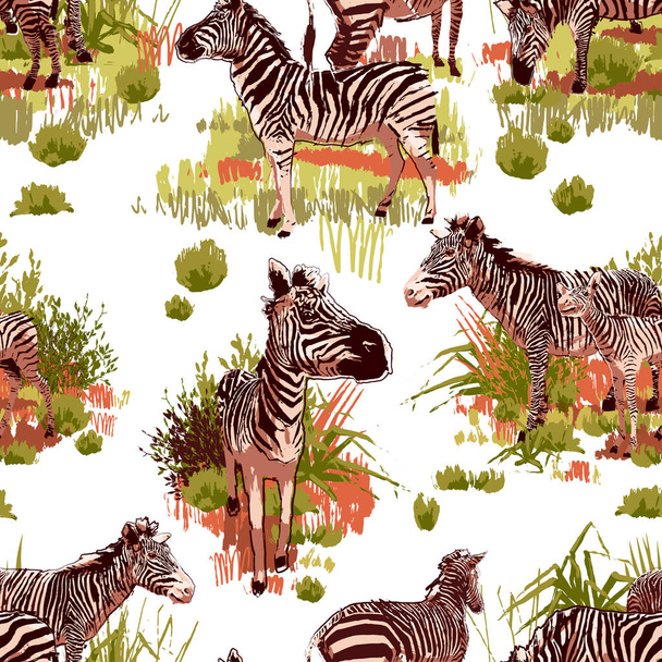 Stado zebrów zasiewu w krajobrazie stepowego - Wektor, obraz