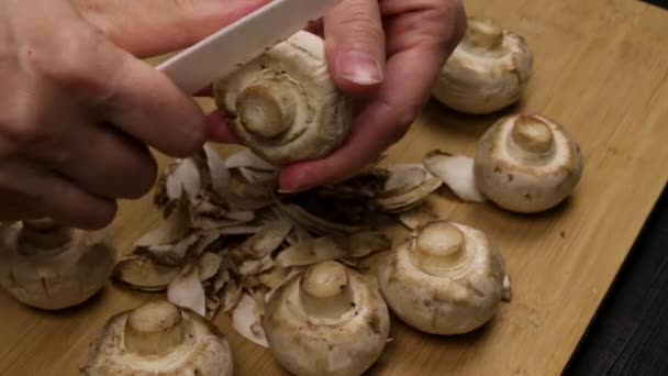 Cleaning the mushrooms as part of the cooking process according to a home-cooked recipe or preparing the mushrooms for freezing. Close - Footage, Video