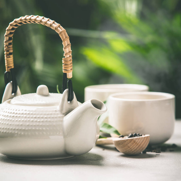 Tea composition on tropical leaves background, close up - Foto, Imagen