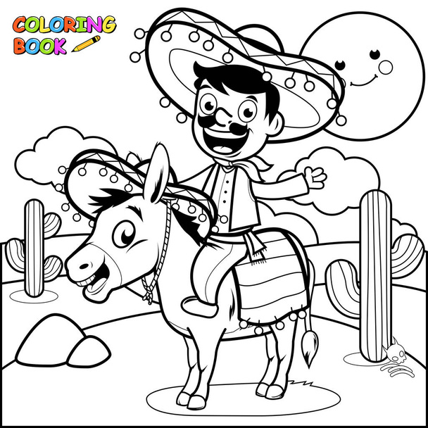 Mexican man riding a donkey in the desert. Black and white coloring page - Vector, imagen