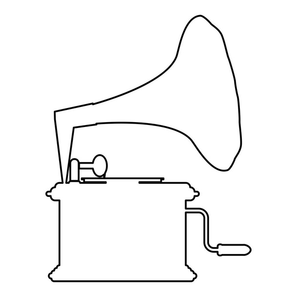 ビニールレコードアイコンアウトラインブラックカラーベクトルイラストフラットスタイルの画像用蓄音機×ヴィンテージターンテーブル - ベクター画像