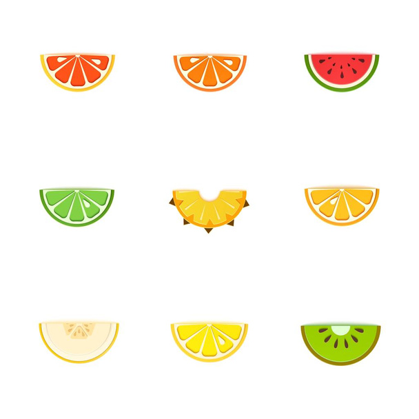 Set of tropical half lobule fruits in paper cut style. Slice citrus orange, tangerine, pineapple, lime, lemon, grapefruit, melon, watermelon, kiwi with leaf in origami art. Vector card illustration - Vector, Image