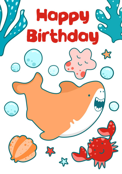 Sea card for children birthday. Cute baby illustration of a shark - Vektor, obrázek