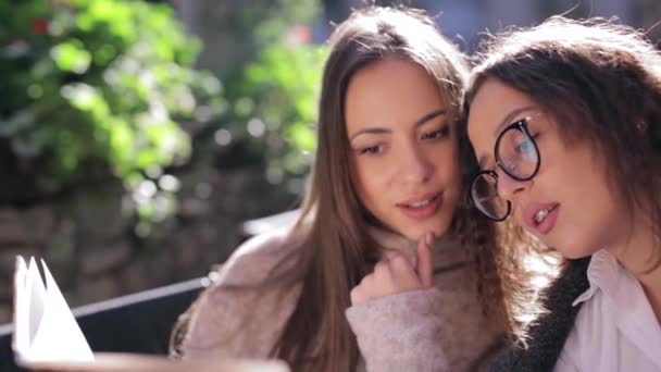 twee jonge mooie vrouwen kijken naar menu in Restaurant, draaien pagina's en het kiezen van borden voor ontbijt - Video