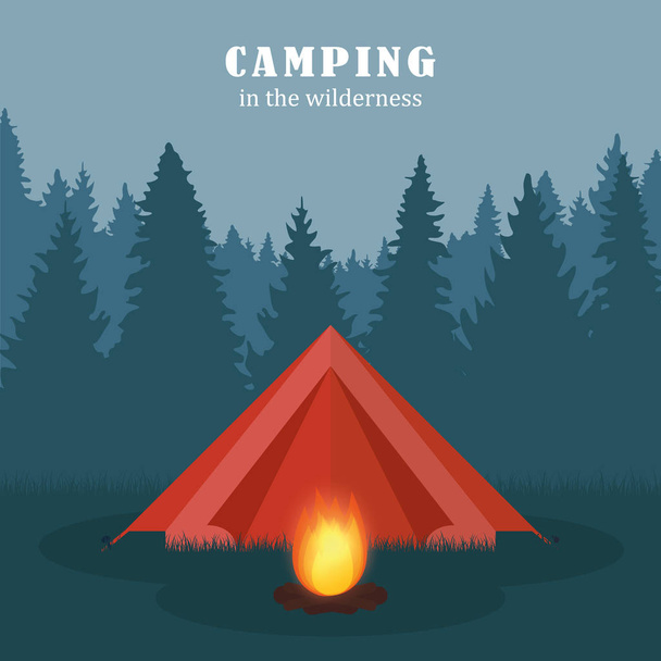 Kemping w Puszczy czerwony namiot w lesie z ogniwami - Wektor, obraz
