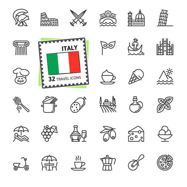 Italie, Italien - ensemble d'icônes web à ligne mince minimale. Aperçu de la collection d'icônes. Série de voyages. Illustration vectorielle simple
. - Vecteur, image