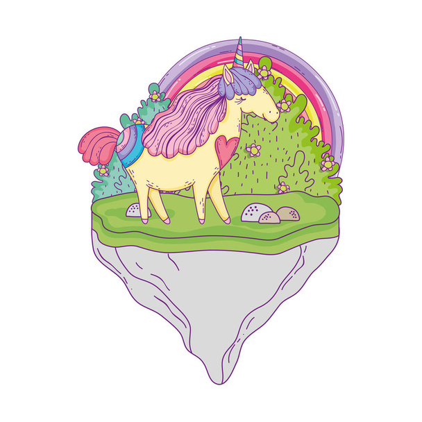 beautiful little unicorn with rainbow in the landscape - Vector, Image