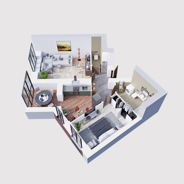 3d render plan and layout of a modern apartment, isometric - Photo, Image
