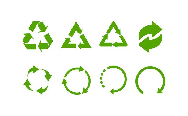 Πράσινες πινακίδες ανακύκλωσης. Ανακύκλωση εικονιδίων. Σύνολο πράσινων συμβόλων ανακύκλωσης - Διάνυσμα, εικόνα