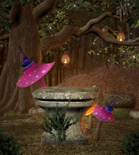 Old pedestal in the middle of the forest with colourful mushrooms, 3D illustration - Photo, Image