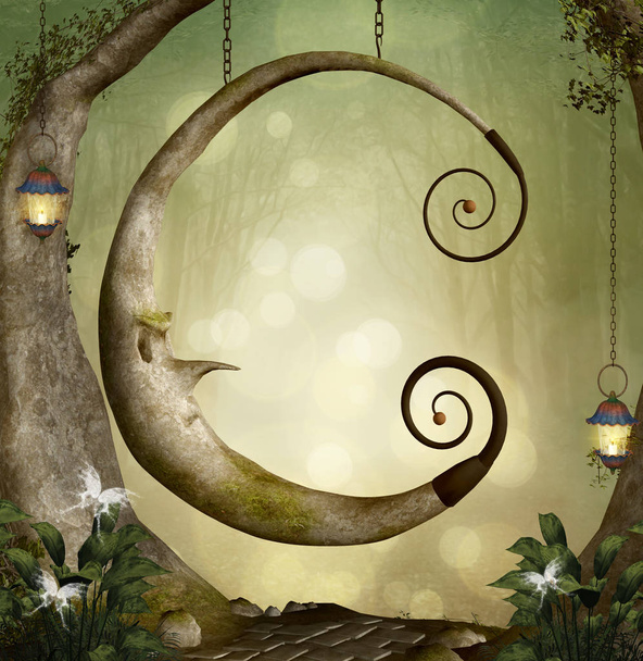 Fantazja księżyc huśtawka z latarnie w magicznym lesie, ilustracja 3D - Zdjęcie, obraz