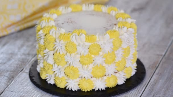Koch oder Bäcker dekorieren Kuchen mit Schlagsahne. - Filmmaterial, Video