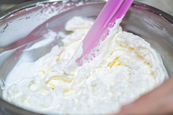 whipped cream cooking process.woman mixing Fresh cream for makin - Photo, Image