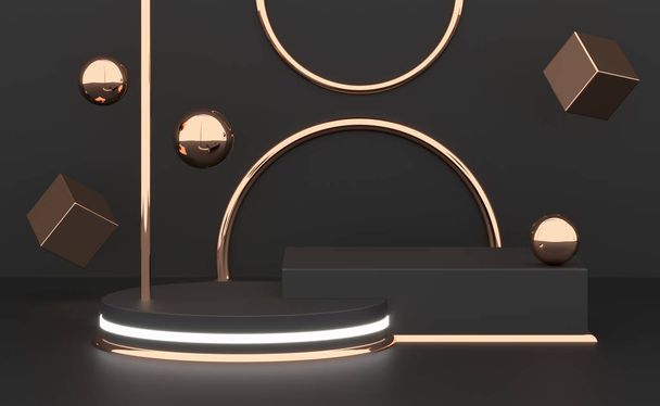 3D rendering black podium geometry with gold elements. Abstract geometric shape blank podium. Minimal scene square step floor abstract composition. Empty showcase, pedestal platform display. - Foto, immagini