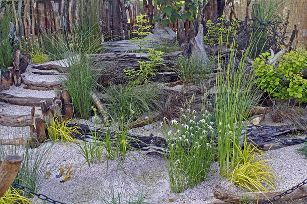 Un relajante jardín junto al mar con la floración 'Dichromena colorata' entre las hierbas y la madera recuperada a la deriva
 - Foto, Imagen