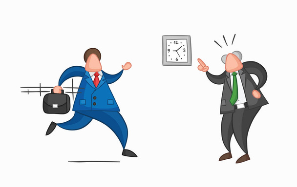 Hand-drawn vector businessman worker late for work and angry bos - Vector, Image