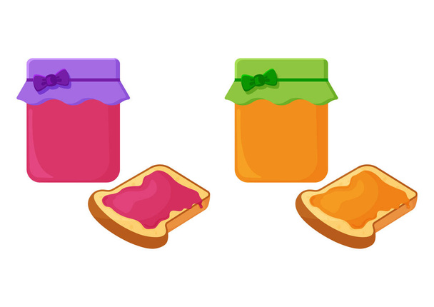 Gläser mit Fruchtmarmelade. Scheiben gebratenes Brot, Toast mit Honig und Marmelade. Vektorillustration - Vektor, Bild