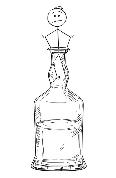 Vector Cartoon of Man Climbing Out of the Hard Liquor or Spirits Bottle Neck - Vektori, kuva