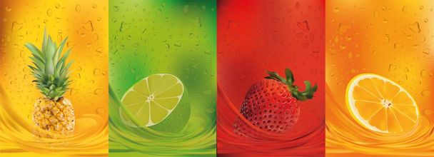 Zumo de fruta, piña, lima, naranja, fresa.3d frutas frescas. Salpicaduras de fruta de cerca. Ilustración vectorial
. - Vector, Imagen