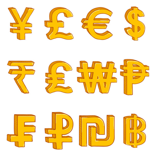 Vector Set of Cartoon Golden Currency Symbols - Vektor, kép