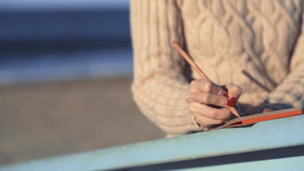 Młoda dziewczyna z notatnikiem nad oceanem w Kalifornii - Materiał filmowy, wideo