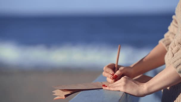 Pisząca dziewczyna z notatnikiem na plaży - Materiał filmowy, wideo
