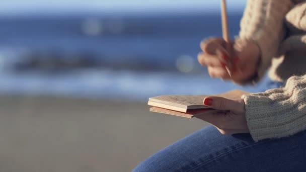 Młoda dziewczyna z notatnikiem na plaży - Materiał filmowy, wideo