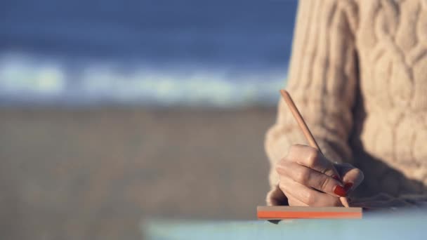 Młoda dziewczyna pisze na plaży w Kalifornii - Materiał filmowy, wideo