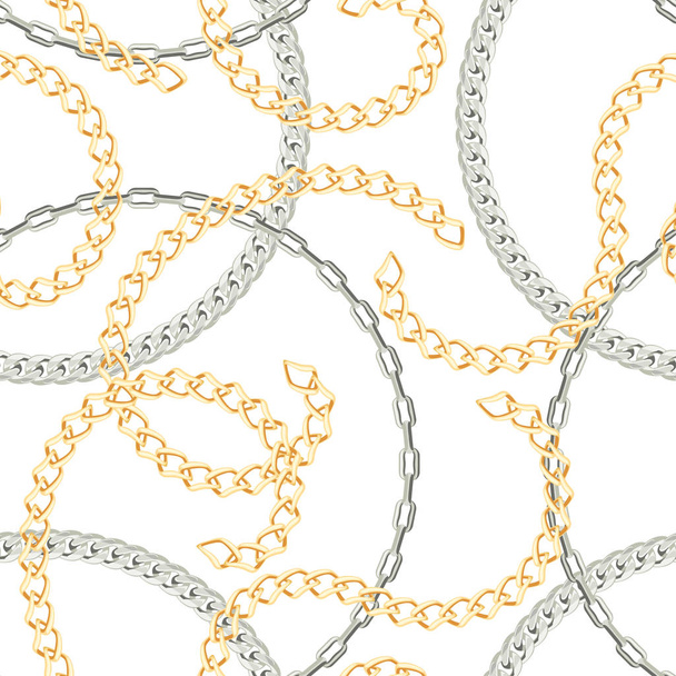 Bezešvé vzory s řetězy na bílém pozadí. Vektorová ilustrace zlatých a stříbrných šperků ve stylu kresleného bytu. - Vektor, obrázek