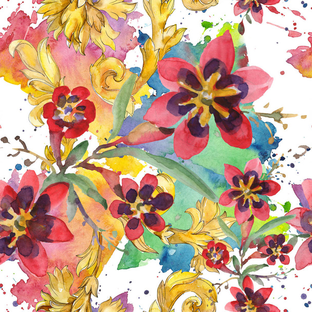 Blumensträuße botanische Blumen. Aquarell Hintergrundillustration Set. nahtloses Hintergrundmuster. - Foto, Bild