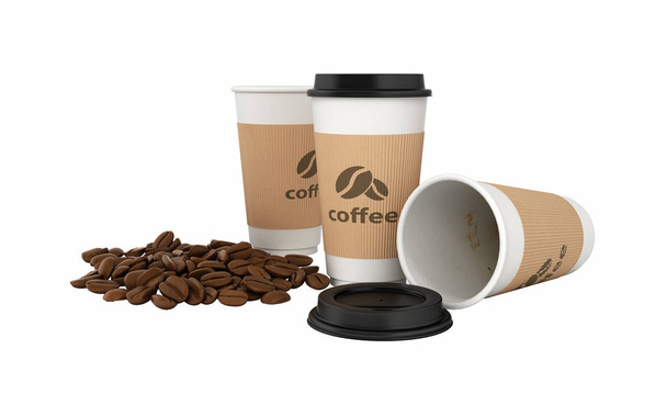 Taza de café de papel con granos de café sin sombra en el respaldo blanco
 - Foto, imagen