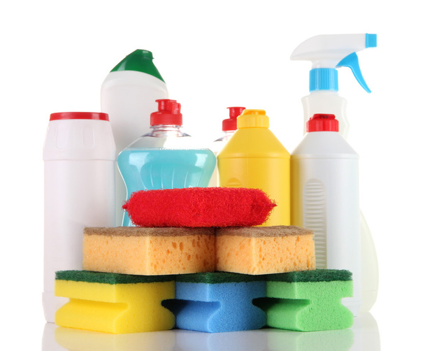 Different kinds of kitchen cleaners and colorful sponges, isolated on white - Photo, Image