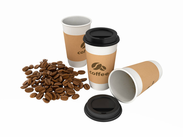 Бумажные кофейные чашки с кофейными зёрнами без теней на белом берегу
 - Фото, изображение