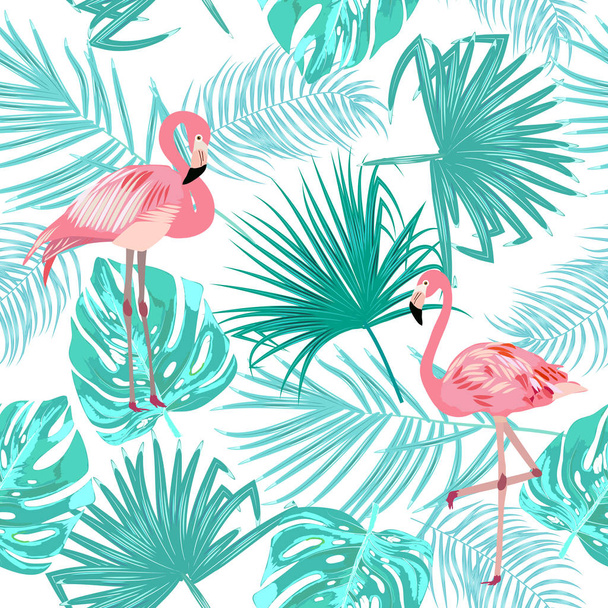 Seamless pattern of flamingo, leaves monstera. Tropical leaves o - Vector, Image