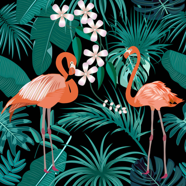 tropische Pflanze nahtloses Muster, rosa Flamingo und tropisches Blatt - Vektor, Bild