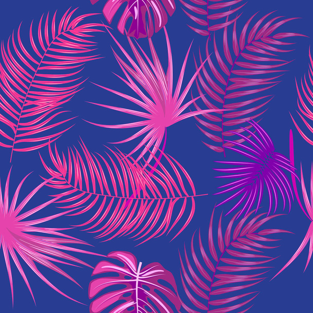 Bezproblémové schéma tropického vektoru, růžové větve na modrých backgrou - Vektor, obrázek