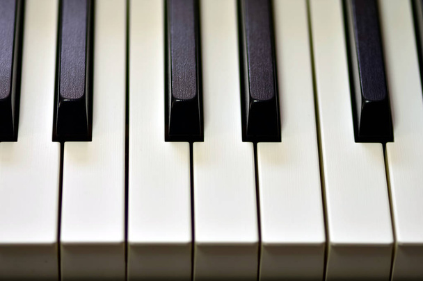 Dijital piyanonun anahtarları, yumuşak odaklama, insanın doğaçlama ve yaratıcılığının yaratıcı havası. Dijital müzik çalmak ve remiks yapmak için Midi piyano klavyesi. - Fotoğraf, Görsel
