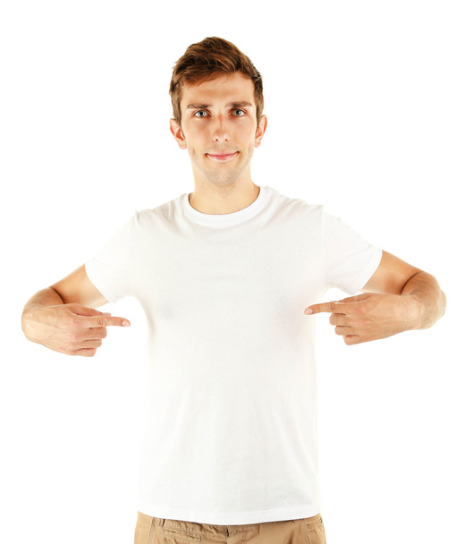 T-shirt on young man isolated on white - 写真・画像