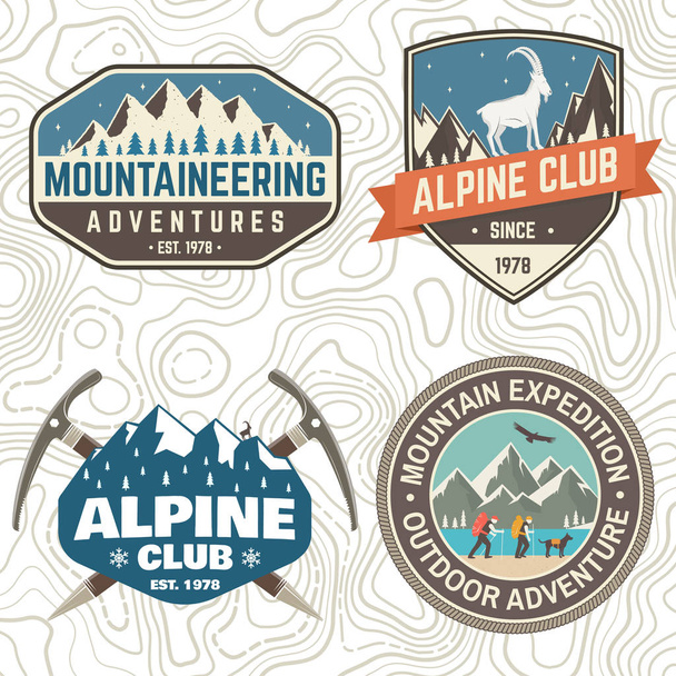 Set of mountain expedition patch. Vector. Concept for alpine club shirt or badge, print, stamp. Vintage typography design with mountaineers and mountain silhouette. Outdoors adventure emblems. - Vector, Image