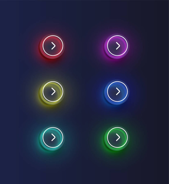 Набір барвистих неонових кнопок зі стрілкою для веб-сайтів або онлайн-застосунків, Векторні ілюстрації
 - Вектор, зображення