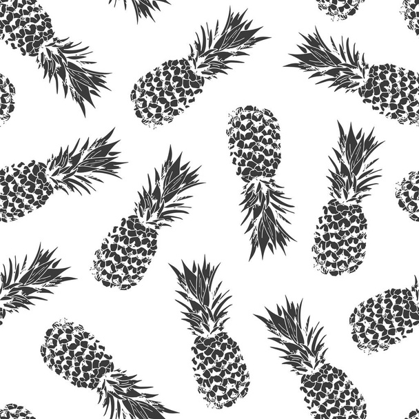 Pineapple seamless pattern, vector black and white background with pineapples for hawaiian shirt - Vettoriali, immagini