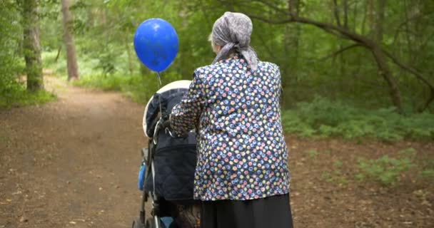 Grandmother strolling with a baby pram and a balloon in a wood in 4k - Footage, Video