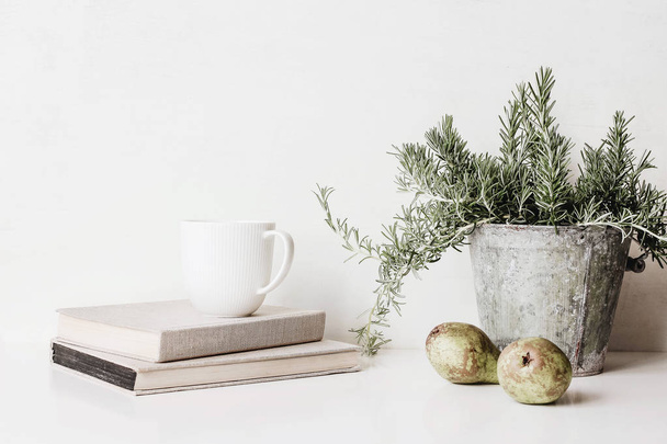 Vintage feminine still life scene. Composition of rosemary herb in old metal flower pot, books, cup of coffee and pears on white table. Rustic design. Home decor. - Photo, image