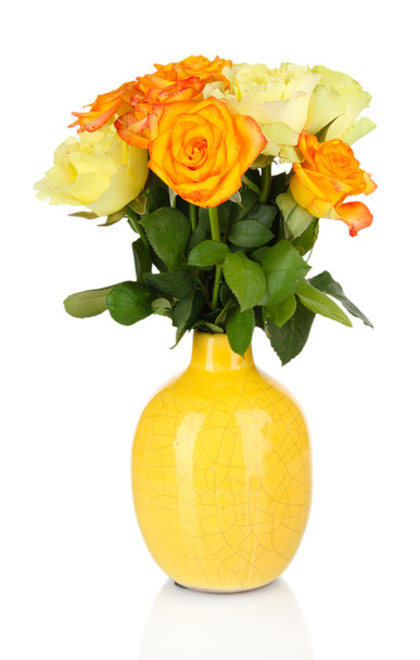 Beautiful bouquet of roses in vase isolated on white - Fotó, kép
