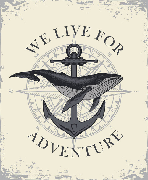 Retro reizen banner met schip anker en walvis - Vector, afbeelding