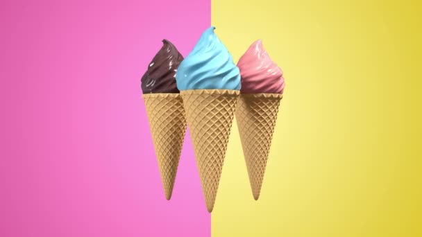 Crème glacée réaliste 3D avec cône de gaufre tournant sur fond pastel. Images de l'écran vert. animation de rendu de boucle transparente 4K
. - Séquence, vidéo
